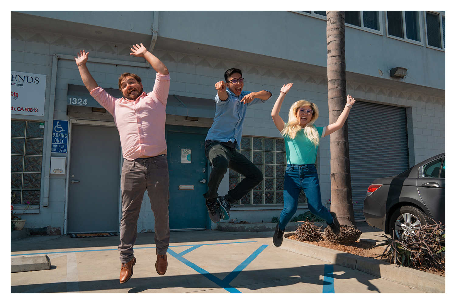The Closed Loop Plastics team, (from left) Will Amos, Aldrin Lupisan and Sharon To jump for joy in front of their facility in Long Beach. The Closed Loop Plastics team, (from left) Will Amos, Aldrin Lupisan and Sharon To jump for joy in front of their facility in Long Beach.