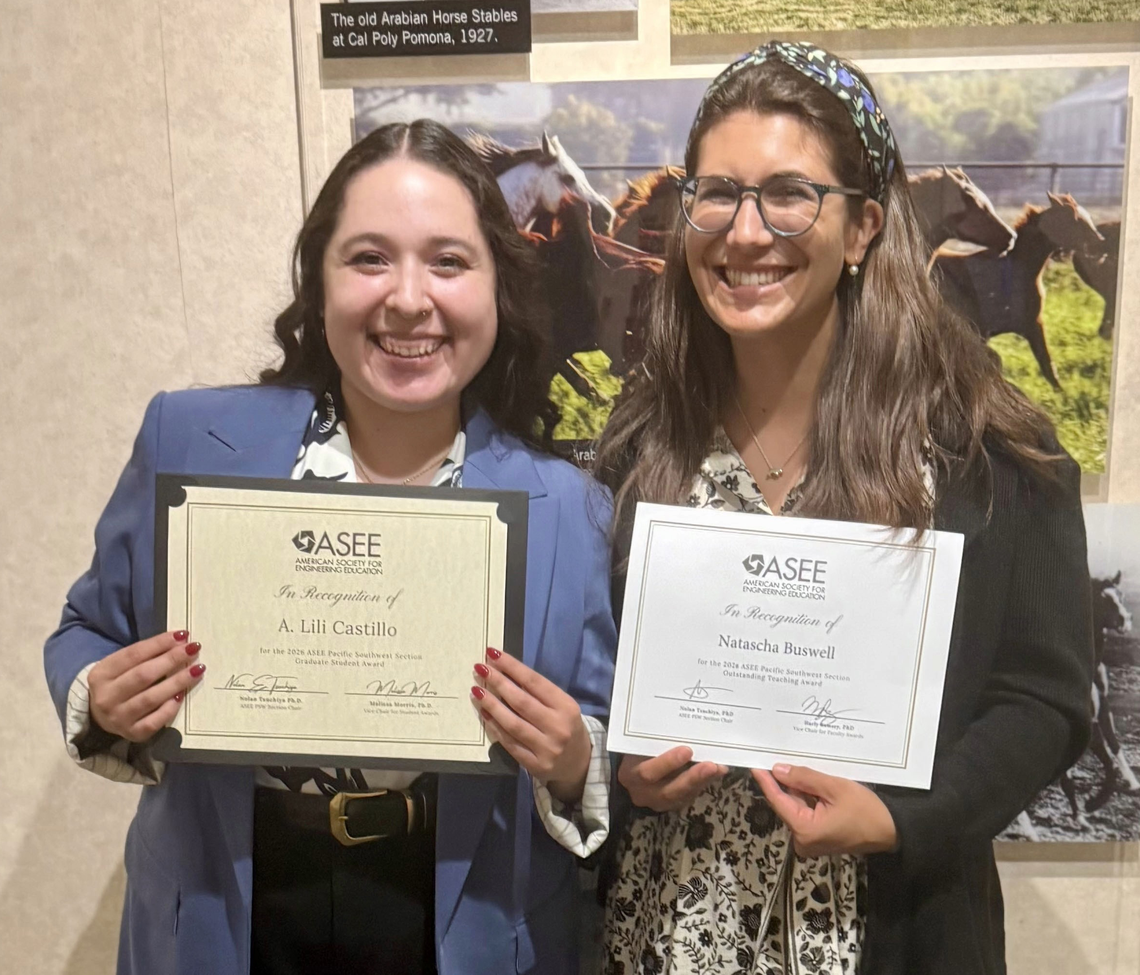 Lili Castillo '22 (left) and Professor Natascha Buswell (right) with the respective awards they received from the American Society of Engineering Education.