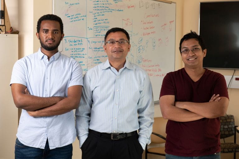 Yonatan Gizachew Achamyeleh, UCI Ph.D. student in electrical engineering and computer science (left); Mohammad Al Faruque, UCI professor of electrical engineering and computer science (center); and Anomadarshi Barua, UCI Ph.D. candidate in electrical engineering and computer science, found that negative pressure rooms in hospitals and biological research facilities can be tricked into releasing deadly microbes by music played on an attacker’s smartphone. Steve Zylius / UCI Yonatan Gizachew Achamyeleh, UCI Ph.D. student in electrical engineering and computer science (left); Mohammad Al Faruque, UCI professor of electrical engineering and computer science (center); and Anomadarshi Barua, UCI Ph.D. candidate in electrical engineering and computer science, found that negative pressure rooms in hospitals and biological research facilities can be tricked into releasing deadly microbes by music played on an attacker’s smartphone. Steve Zylius / UCI