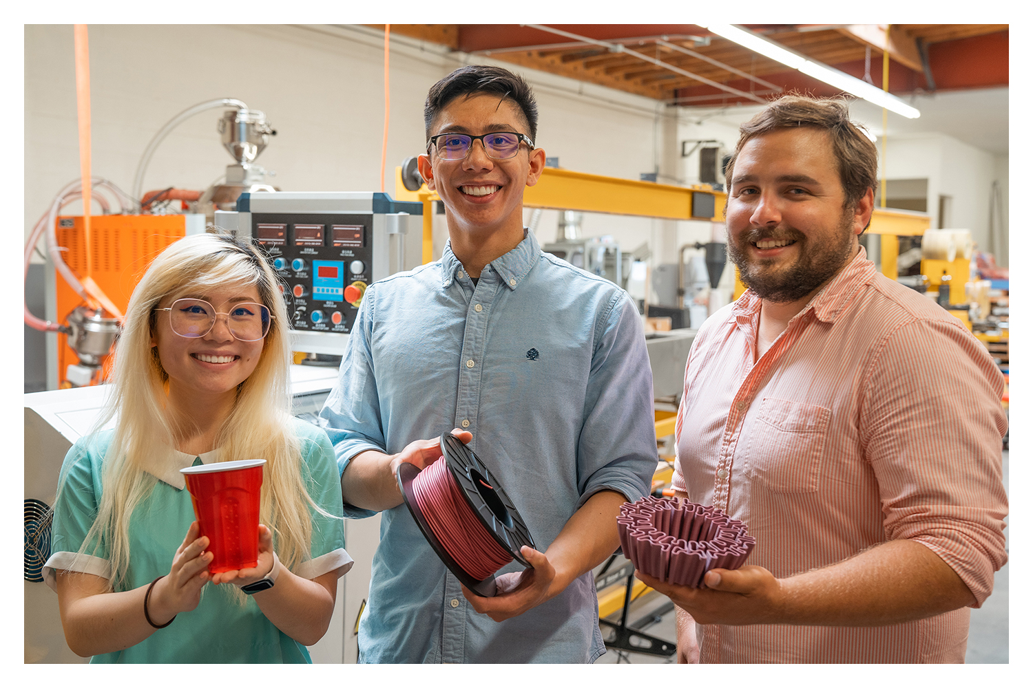 UCI startup Closed Loop Plastics co-founders Sharon To, Aldrin Lupisan and Will Amos inside their facility in Long Beach show the transformation of single-use plastics to 3D printed materials. UCI startup Closed Loop Plastics co-founders Sharon To, Aldrin Lupisan and Will Amos inside their facility in Long Beach show the transformation of single-use plastics to 3D printed materials.