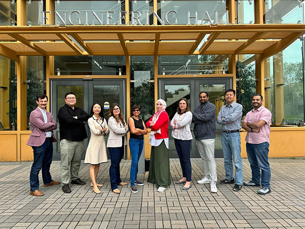 The e+Society Institute core team, shown from right to left, are Yasser Shoukry, Zhou Li, Sameer Singh, Alexandra Voloshina, Salma Elmalaki, Aparna Chandramowlishwaran, Athina Markopoulou, Yanning Shen and Hyoukjun Kwon. Strategic partners include James Owen Wetherall (shown far left) and Bill Maurer from Social Sciences, Jesse Colin Jackson from the Arts, and Stuart Matthews and Errol Arkilic from Beall Applied Innovation. The e+Society Institute core team, shown from right to left, are Yasser Shoukry, Zhou Li, Sameer Singh, Alexandra Voloshina, Salma Elmalaki, Aparna Chandramowlishwaran, Athina Markopoulou, Yanning Shen and Hyoukjun Kwon. Strategic partners include James Owen Wetherall (shown far left) and Bill Maurer from Social Sciences, Jesse Colin Jackson from the Arts, and Stuart Matthews and Errol Arkilic from Beall Applied Innovation.