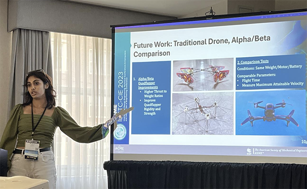 Michelle Manku presents the Flapping-Wing Micro Air Vehicle project team’s future research plans at ASME International technical conference. Michelle Manku presents the Flapping-Wing Micro Air Vehicle project team’s future research plans at ASME International technical conference.