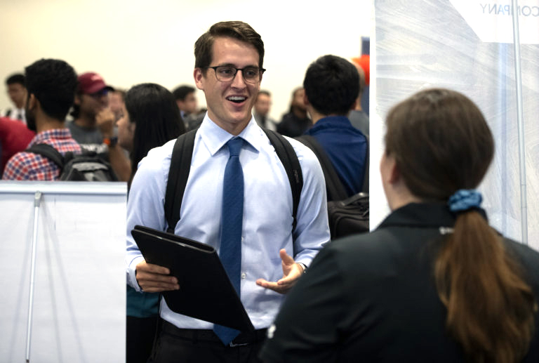 Seth Dalmas, a fifth-year UCI student finishing up bachelor’s degrees in both civil engineering and German, got an internship through the STEM Career Fair two years ago and snagged two interviews this time. Steve Zylius / UCI Seth Dalmas, a fifth-year UCI student finishing up bachelor’s degrees in both civil engineering and German, got an internship through the STEM Career Fair two years ago and snagged two interviews this time. Steve Zylius / UCI