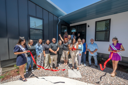 The ribbon-cutting ceremony for the student-designed home for homeless youth was held on July 11, 2025. (Photo: Steve Zylius/UC Irvine)