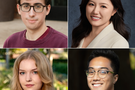 The 2024-25 UCI-LANL-SoCalHub Graduate Research Fellows are, clockwise from top left, Arthur Feeney, Shu Li, Ezra Sarmiento and Anthea Segger.