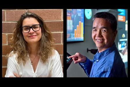 UCI Professors Athina Markopoulou and G.P. Li, the new and former directors of the California Institute for Telecommunications and Information Technology (CalIT2)