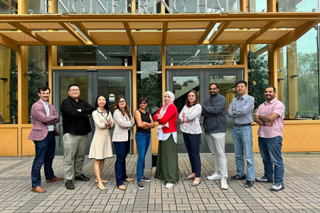 The e+Society Institute core team, shown from right to left, are Yasser Shoukry, Zhou Li, Sameer Singh, Alexandra Voloshina, Salma Elmalaki, Aparna Chandramowlishwaran, Athina Markopoulou, Yanning Shen and Hyoukjun Kwon. Strategic partners include James Owen Wetherall (shown far left) and Bill Maurer from Social Sciences, Jesse Colin Jackson from the Arts, and Stuart Matthews and Errol Arkilic from Beall Applied Innovation. 