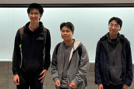 From left, Nick Li, Ruize Tian and Cory Tsan won first place ($300) at E-Week’s Design and Pitch Scramble for their fire-fighting and prevention device, the Flame Shield Sentinel.