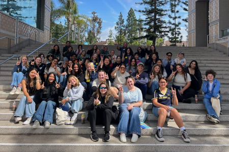 Ocean Institute's cohort of students, Graduate student leads Jianlei Wen and Kathryn Jones, Analia Rao, and Mo Li at UCI’s Engineering Gateway. 