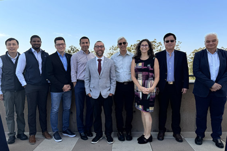 UCI Samueli School Dean Magnus Egerstedt (center) presented 2025 Spring Faculty Awards to (from left) Penghui Cao,  Quinton Smith, Maxim Shcherbakov, Amir AghaKouchak, Vasan Venugopalan, Naomi Chesler, Zhongping Chen, Fadi Kurdahi and Hung Cao (not pictured).