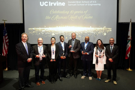Deans and Hall of Fame inductees celebrated the 10th annual event at the Beckman Center on May 2, 2025. Pictured from left: Information and Computer Sciences Dean Marios Papaefthymiou, Kenneth M. Anderson, Arezoo Ardekani, Punit Niranjan Shah, Kenneth Grier, Jagannathan Thinakaran, Shelly Peyton and Engineering Dean Magnus Egerstedt. 