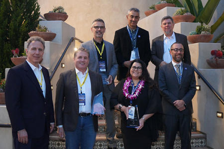 Deans from the Samueli School of Engineering and the Donald Bren School of Information and Computer Sciences inducted six alumni into the 2023 Hall of Fame. Pictured from left (front row) are Dean Marios Papaefthymiou, Fritz Onion, Wendy Robello, Dean Magnus Egerstedt, and (back row) Nenad Medvidović, Manu Gulati and Carlos Coimbra. Not pictured is Leysia Palen.
