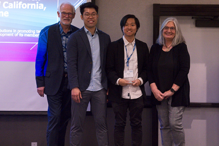 Pictured, from left, are Tom Coughlin, past president of IEEE-USA and current IEEE president-elect; Tony Hua Wong, IEEE Region 6 awards and recognition chair; Vincent Vo, internal relations chair for the UCI student branch and next year's IEEE-UCI president; and Kathy Hayashi, IEEE Region 6 director, at the award ceremony in January.