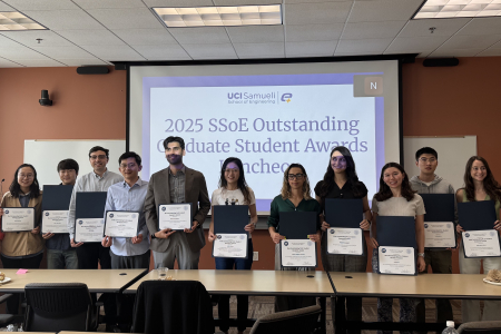 Outstanding Graduate Student Award winners and runner-ups accompanied by Athina Markopoulou (far left) and SungWoo Nam (far right)
