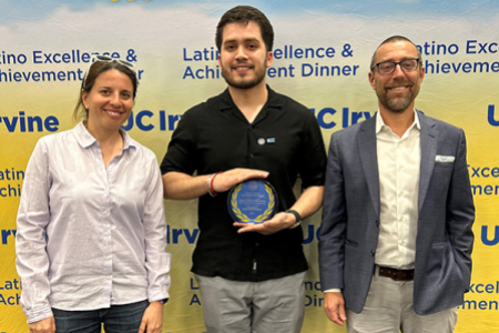 Jesus Alexis Lopez Ochoa (center) poses with his adviser Pofessor Iryna Zenyuk (left) and Samueli School of Engineering Dean Magnus Egerstedt (right) at the Latine Excellence and Achievement Awards Dinner, where Ochoa was awarded a Graduate Student Excellence Award. 
