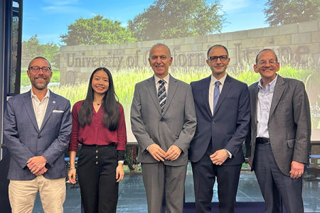From left, Engineering Dean Magnus Egerstedt stands proudly with the three engineering faculty being recognized, Kyriacos Athanasiou, Yanning Shen and Farzin Zareian, as well as UCI Provost Hal Stern. 