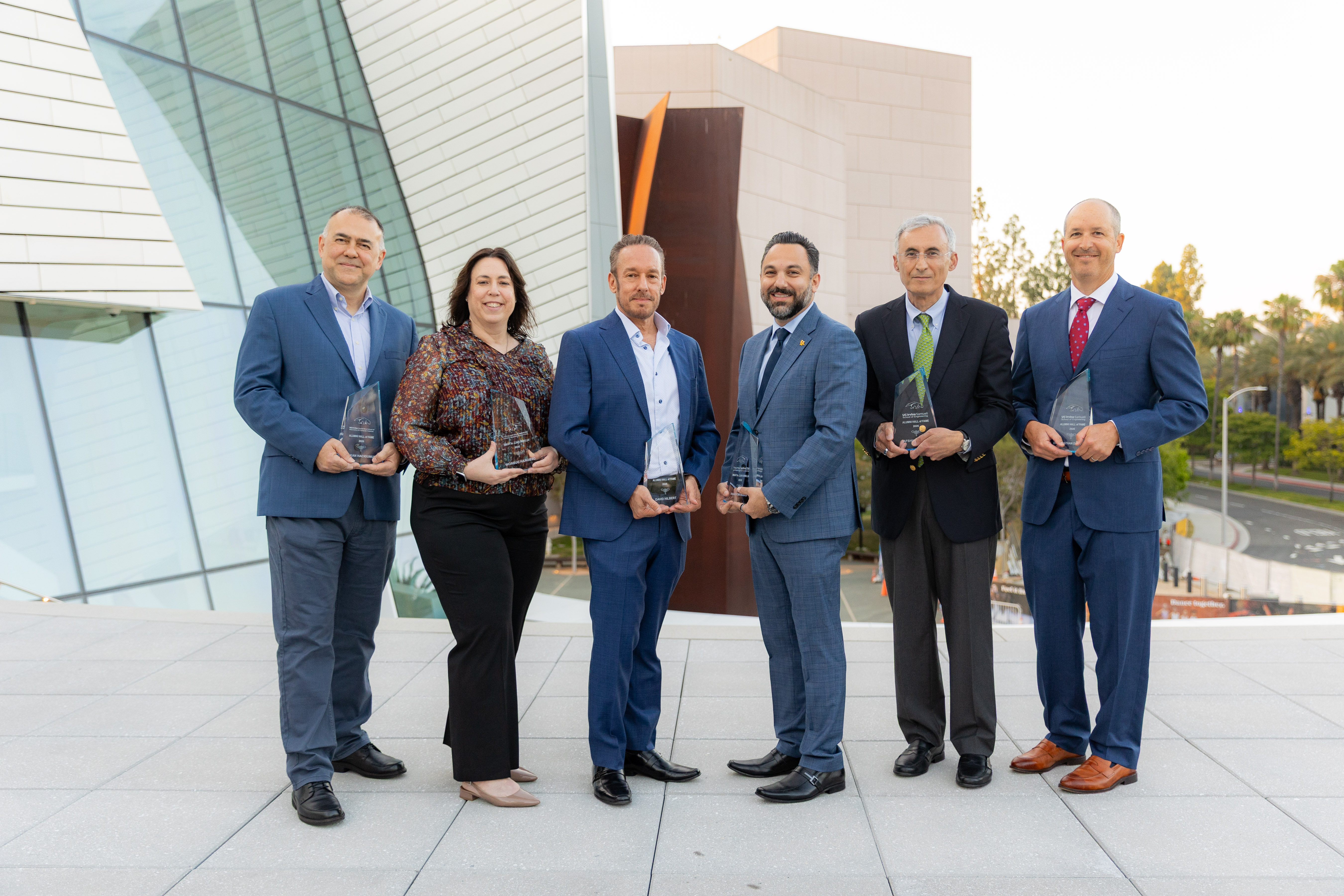   The 2026 Engineering and ICS Alumni Hall of Fame inductees are, from left, Hakan Hacigumus, Deborah Dubrow, David Hilbert, Ramin Mousavi, Afshin Mohebbi and Jonathan Posner.